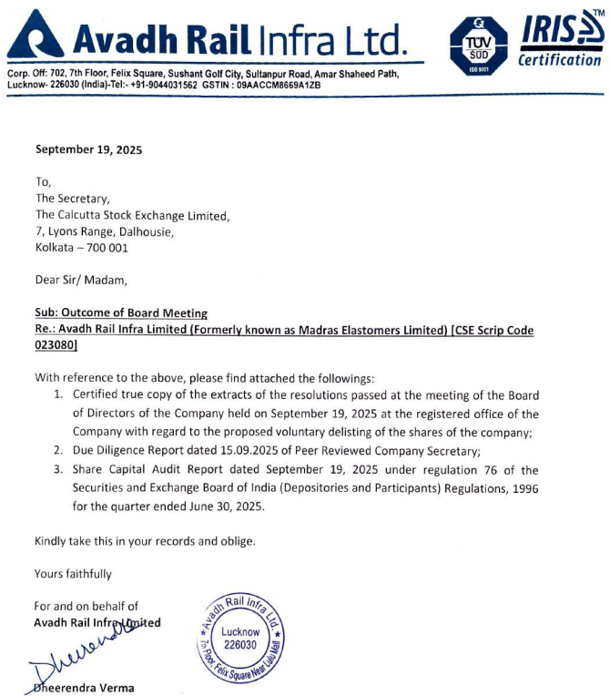 Outcome & Extracts of Board Meeting