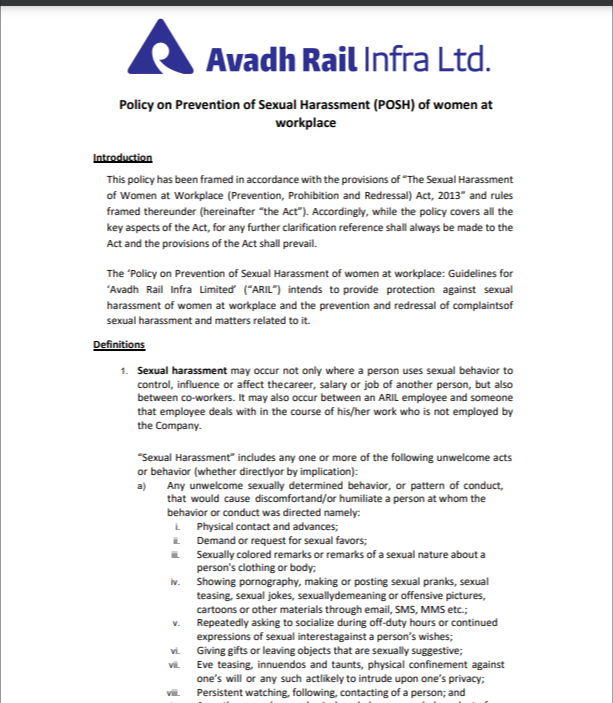 Policy on Prevention of Sexual Harrasment of Women at Workplace